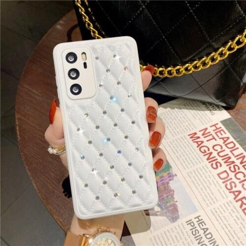 Shiny Diamond Check Phone Case For Huawei P40 Pro Nova 8 Candy Color Diamond Pattern Hard PC Soft Bumper Full Protection Cover