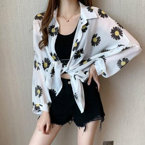 Boho Cardigan Women Summer Thin Blouse Sun Protection Long Sleeve Chiffon Shirt Vintage Daisy Flower Print Beach Kimono Cardigan