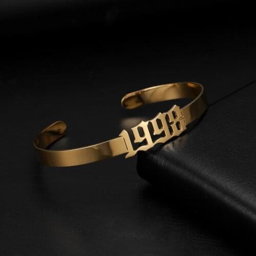 Skyrim Custom Year Number Cuff Bracelet Customized Personalized Gold Color Stainless Steel Bangle Jewelry Birthday Gift Women