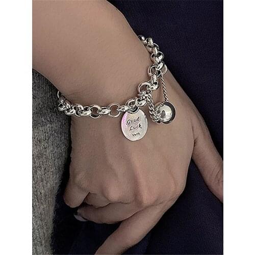 Letters Goodluck Bracelet Vintage Korean Version Ins Round Ball Hip Hop Cold Wind Girl Hand Chain Stainless Steel/Silver Jewery