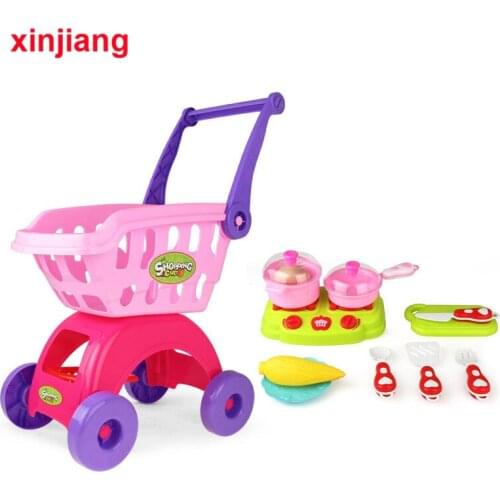 Kids Mini Supermarket Shopping Cart Playset Toys With Weels Food Plates Cooker Vegetable Storage Trolley Play House Girls Toys