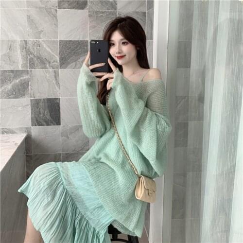 Gaganight Sweet Women Two Pieces Set Pullover Thin Knitted Long Sleeves Ruffles Slip Long Dress Lady Cute Suit Outfits Autumn