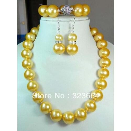 Hot Sell! AAA set 16mm Yellow South Sea Shell Pearl Necklace 18'' Bracelet 7.5''; Earring