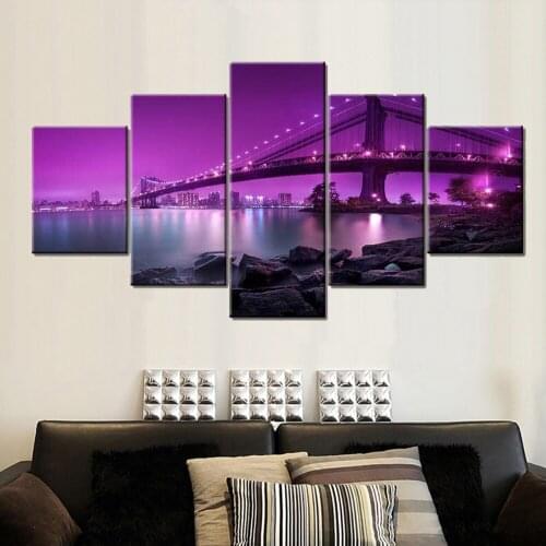 Wall Art Print Pictures 5 Panel Purple City Bridge Landscape Modern Canvas Paintings Modular Poster Home Living Room Decoration