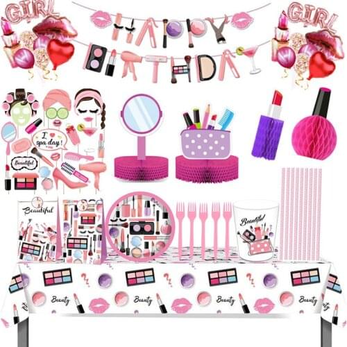 Makeup Disposable Tableware Cup+Straw+Plate+Bag+Tablecloth+Flag+Ballon+Fork+Photo props Sets For Makeup Birthday Party Supplies