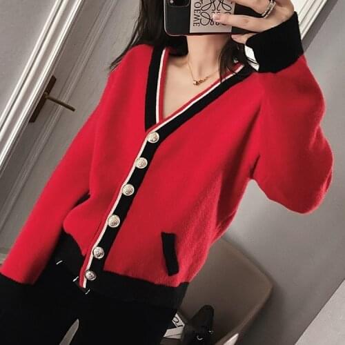 Autumn new one size small fragrance knitting sweater cardigan womens red short jacket