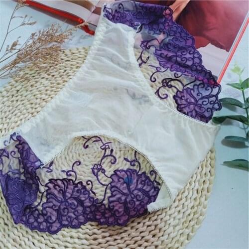 Cum Embroidered Floral Sexy Mesh Lace Cotton Crotch Briefs Underwear Transparent Midwaist Hollow Ice Silk Women CX33