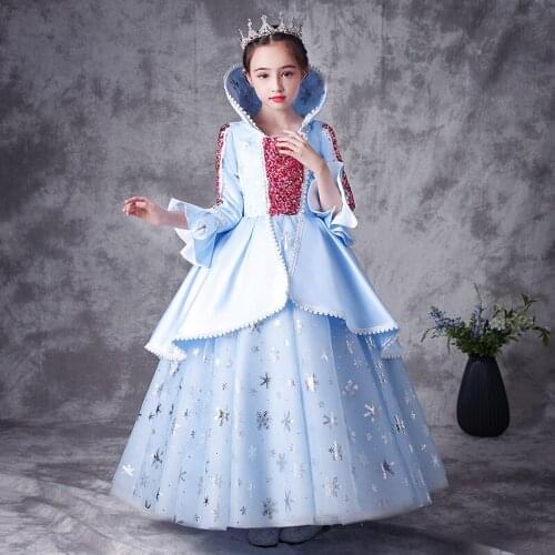 Flower Girl Dress Crystal Sequined Embroidery O-Neck Princess Luxury Bluish Floor-Length Tulle Lovely Lace Kids Party Gown H282