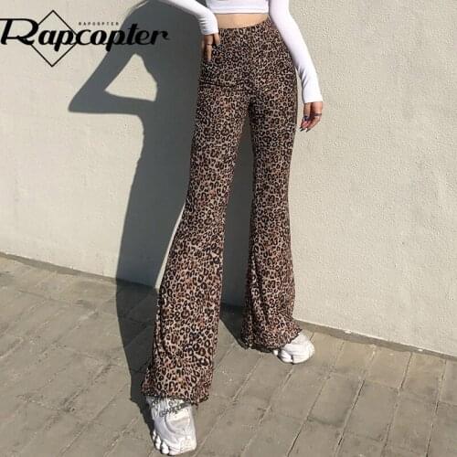 Rapcopter Leopard Print Pants High Waist Flare Pants Frill Stretchy Trouser Y2K Slim Pants Women Retro Joggers Spring Streetwear