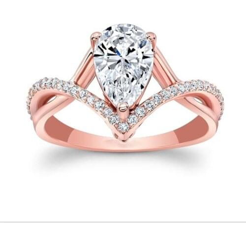 Romantic Women Real Rose Gold Water Drop Rings Cross Rhinestones Fashion Zircon Engagement Ring Micro Pave Jewelry New Arrival