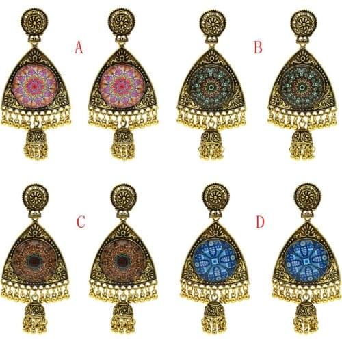 Vintage Golden Alloy Round Pendant Bell Bead Long Earrings Carved Flower Statement For Women Party Turkish Tribal Gypsy Jewelry