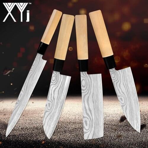 XYj Japanese Kitchen Knife Laser Damascus Pattern Chef knife Santoku Cleaver Slicing Utility 4pcs Set Kitchen BBQ Party Tool