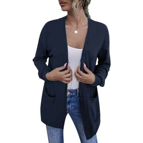 Women V-Neck Autumn Sweaters Cardigans Long Length Knitted Jacket Basic Tops Female Clothes Knitted Pockets Korea Coats 2021