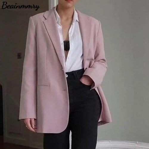 Women Elegant Pink Single Breasted Suit Blazer Spring Autumn Office Ladies Turn Down Collar Vintage Long Sleeve Suits Coat 2021
