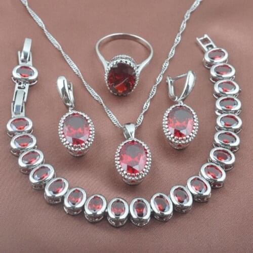 Egg Design Jewelry Sets Womens Wedding Set Bracelet Red Zirconia Silver Color Necklace Pendant Earrings Ring 2020 New YZ0194