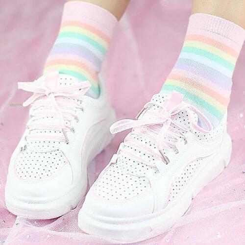 Kawaii Rainbow Socks Cotton Harajuku Women Short Socks Cute Lolita Korean Style LGBT Chaussettes 1 Pair