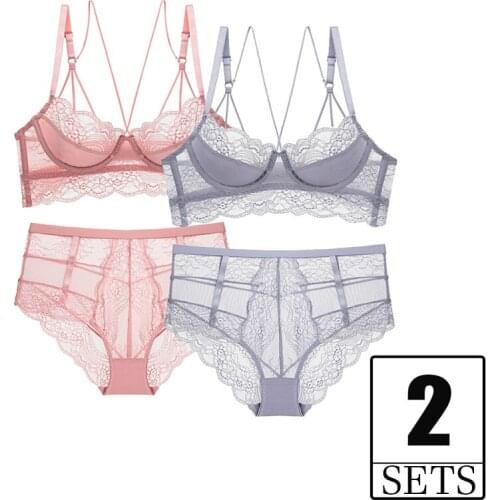 2 Pieces Sets French Sexy Transparent Bra And High Waist Panties Plus Size Women Deep V Push Up Lace Underwear Bandage Lingerie