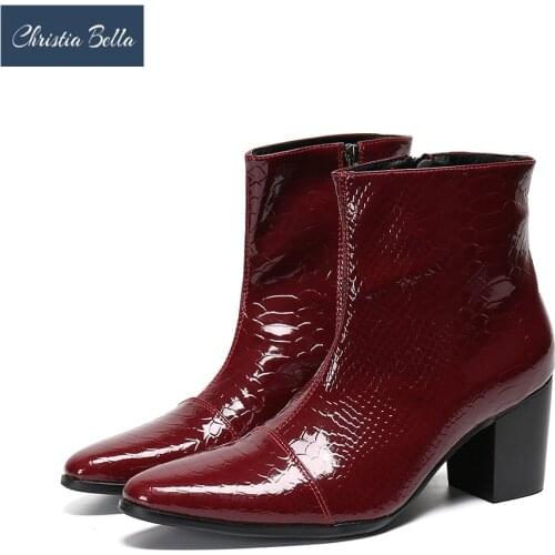 Christia Bella Height Increased Men Summer Ankle Boots Red Snakle Pattern High-heel Boots Brand Designer Nightclub Party Shoes