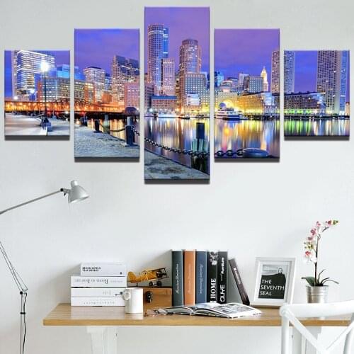 HD Print Canvas Modular Pictures Frame 5 Panel Boston Harbor Night Landscape Wall Art Painting For Living Room Decor Poster