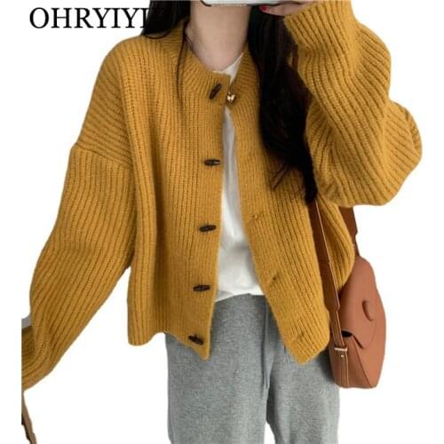 OHRYIYIE Vintage Loose Single Breasted Cardigan Sweater Women 2021 Autumn Winter Warm Knitted Sweaters Female Korean Casual Coat