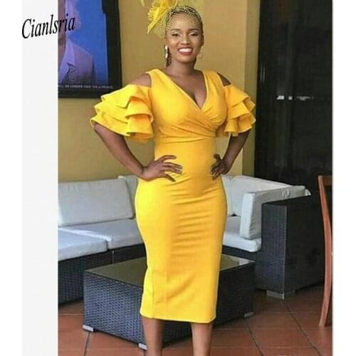 Tea Length Yellow Cocktail Dresses Sheath Short Sleeve Girls Graduation Homecoming Prom Party Dress Plus Size Custom Made
