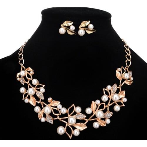 Simulated Pearl Jewelry Set Leaves Necklaces & Pendants Statement Necklace Earrings Set Gold Color Bridal Jewelry Sets For Women
