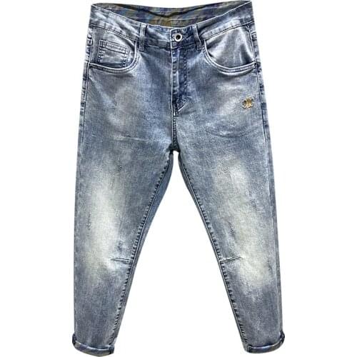 Mens Copped Trousers 2021 Summer Jeans For Men Harem Pants Light Blue Stretch Wide Leg Pants Branded Mens Clothing Trousers