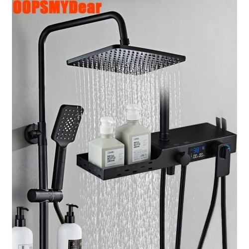 LED Digital Shower Set Bathroom Smart Thermostatic Shower System Square Head SPA Rainfall Bath Faucet Wall Mount Hot Cold Mixer