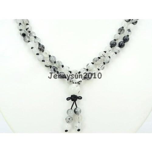 Natural Tourmaline Qua-rtz 6mm Gems Stone Buddhist 108 Beads Prayer Mala Knot Necklace Multi-Purpose 5Strands/Pack