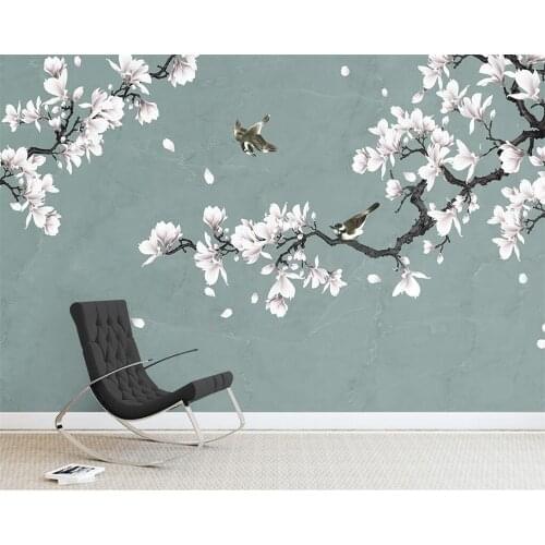 Beibehang Custom wallpaper mural magnolia hand-painted pen flower bird TV background wall living room bedroom mural 3d wallpaper