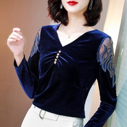 Autumn Winter Vintage V-neck Stitching Lace Velvet Tops Long Sleeve ladies tops 2021 korean