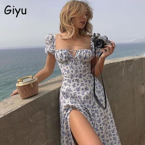 Giyu Floral Print Dress Women Sweet Square Neck Puff Sleeve Side Spilt Drawstring Long Maxi Dresses Party Chic Casual Outfits