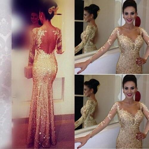 Sexy Illusion Evening Dress 2021 robe de soiree Rose Gold Long Evening Gowns With Sleeves abiye Formal Dresses Sequined Lace