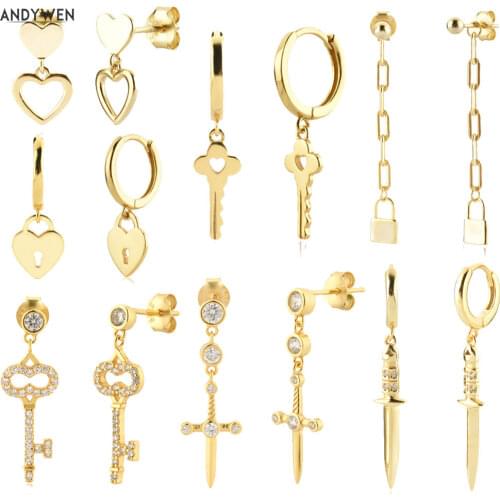 ANDYWEN 925 Sterling Silver Gold Heart Key Cross Chain Drop Earring Piercing Luxury Jewelry 2021 Women Wedding Party Jewels Gift