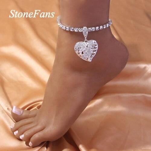 Stonefans Fashion Big Heart Anklet Chain Rhinestone Leg Jewelry for Women Hop Hip Tennis Chain Love Pendant Anklet Foot Bracelet