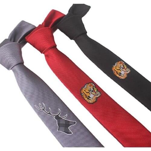 Embroidery Tie Narrow Style Flower Tiger 5cm Personality Skinny Thin Necktie Leisure Red Black Neckwear Animal