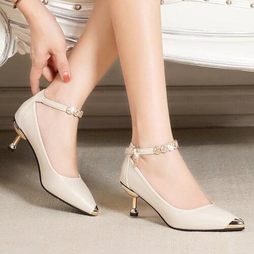 Women Dress Shoes Med Heels Pumps Pointed Toe Gold Heeled Office Party Shoes Crystal Ankle Strap Ladies Shoe Zapatos mujer 8414L