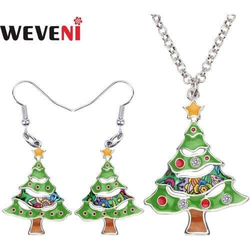 WEVENI Enamel Alloy Christmas Tree Gift Jewelry Sets Earrings Drop Necklace Pendant Cheap Bijoux For Women Girls Teens Party New