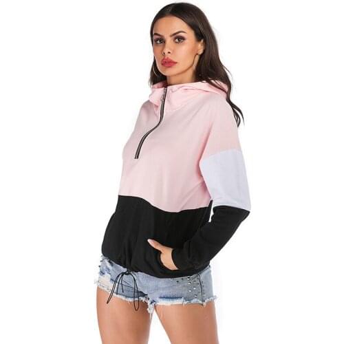 Neatie kiddie 2019 Color Block Patchwork Zipper Sweatshirt Female Streetwear Casual Autumn Winter Pocket Hoodies Women Pullovers