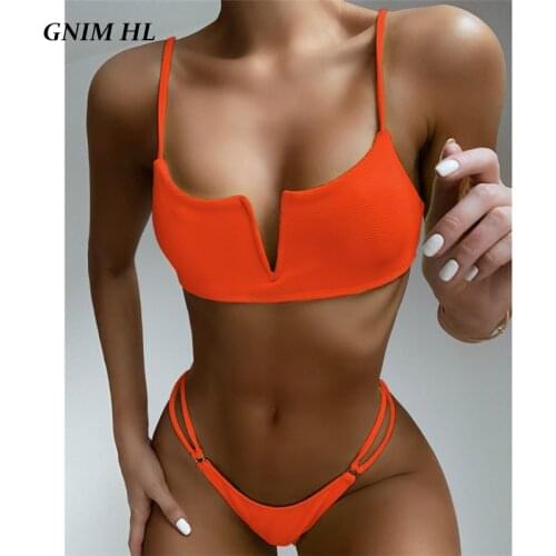 GNM Sexy Solid Bikini Swimwear Women 2020 V Neck Swim Bathing Suit Women Two Pieces Summer High Cut Brazilian Swimsuit Beachwear