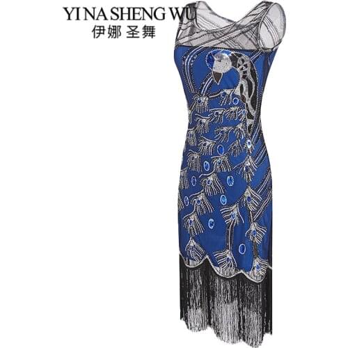 New Women 1920s Great Gatsby Dress Vintage Sequin Flapper O-Neck Tassels Beaded Party Peacock Embellished Latin Dance Clothing