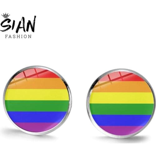 SIAN LGBT Rainbow Flag Ear Studs Gay Pride Homosex Lesbian Pride Glass Round Stud Earrings Bronze Silver Plated Unisex Jewelry
