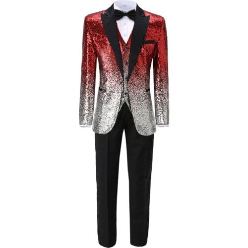 3 Pieces Shiny Sequin Mens Suit Slim Fit One Button Peak Notch Lapel Tuxedo for Party Wedding Banquet Nightclub Blazer+Vest+Pant