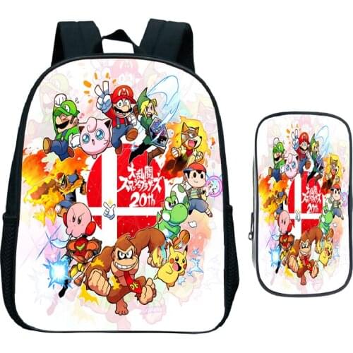 Child Mario Bros Backpack with Pen Bag 2pcs Set Kids Cartoon Kindergarten School Bag Anime Bookbag Children Gift