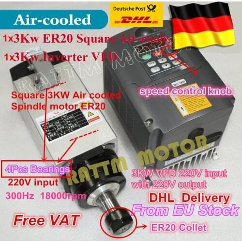 Square 3KW Air Cooled Spindle motor ER20 18000rpm 300Hz 4 Bearings & 3kw VFD 220V Inverter for CNC Router Engraving Milling