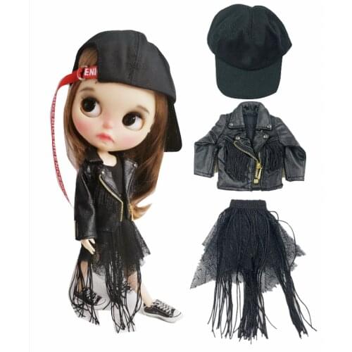 Cool Doll’s Clothes leather Coat and Flow Must Skirt or hat for Azone s OB24 Blyth Dress Set for 1/6 Doll Accessories