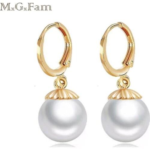 MGFam Smooth Pearl Drop Earrings Jewelry for Elegant Women 8 mm Gold Color Classic Design