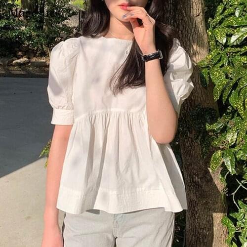 Korean Version Sweet Cute Round Collar Bubble Short Sleeve Shirt Summer New 2021 Solid Cotton White Blouse Blusa Feminina 14038