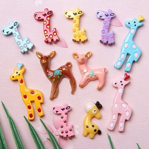 Mini Order 10pcs Kawaii Resin Cabochons Animal Deer Giraffe Flatback Clay Beads charms Ornament Accessories Hair Clip DIY