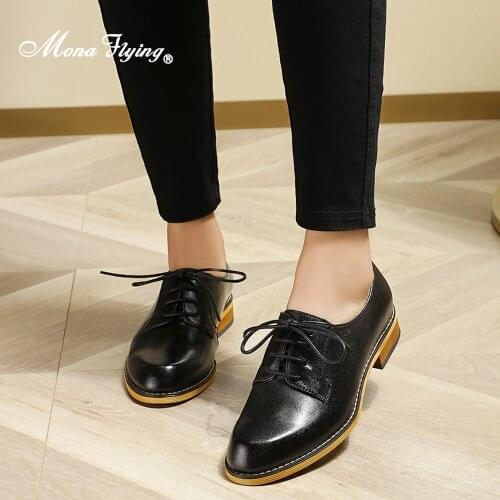 Mona Flying Womens Leather Oxfords Saddle Derby Shoes Casual Lace up Flats Office Formal for Female Ladis 2020 New FLX20-1